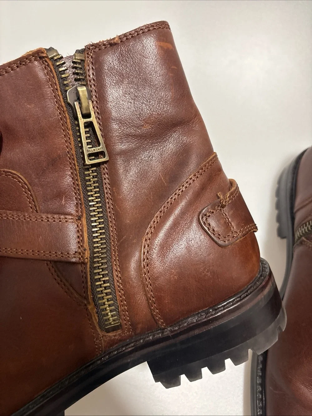 Mens Belstaff brown leather biker metal strap mid high boots size 9.5